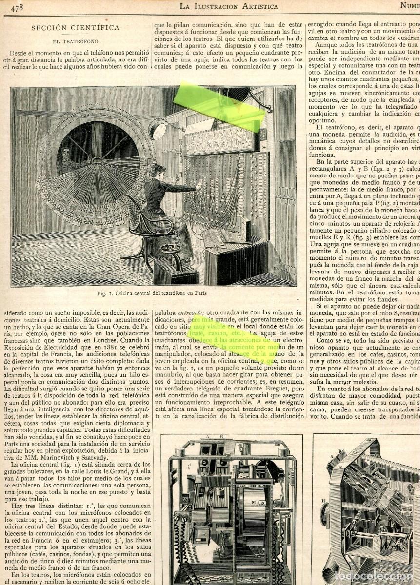 Collection Magazines and Newspapers: REVISTA A&Ntilde;O 1892 INVENTO EL TEATROFONO TELEFONO PARA ESCUCHAR UNA OPERA DE PARIS EN LONDRES