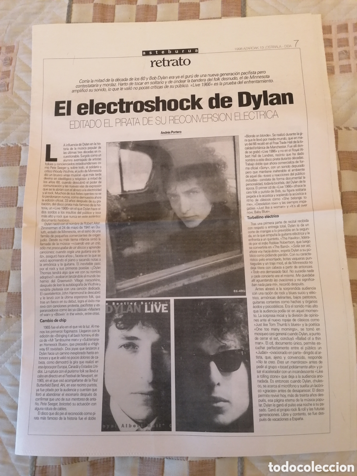 Coleccionismo de Revistas y Peri&oacute;dicos: P&aacute;gina Diario Deia Bilbao El Electroshock De Bob Dylan. Rese&ntilde;a Bootleg Series Live 1966.Nov.1998
