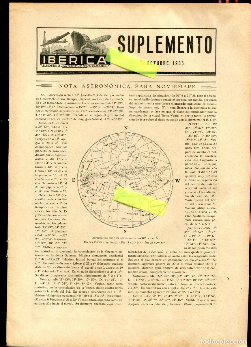 Coleccionismo de Revistas y Peri&oacute;dicos: SUPELEMENTO REVISTA IBERICA NOTA ASTRONOMICA PARA NOVIEMBRE DEL A&Ntilde;O 1935 ASTRONOMIA ESPA&Ntilde;OLA