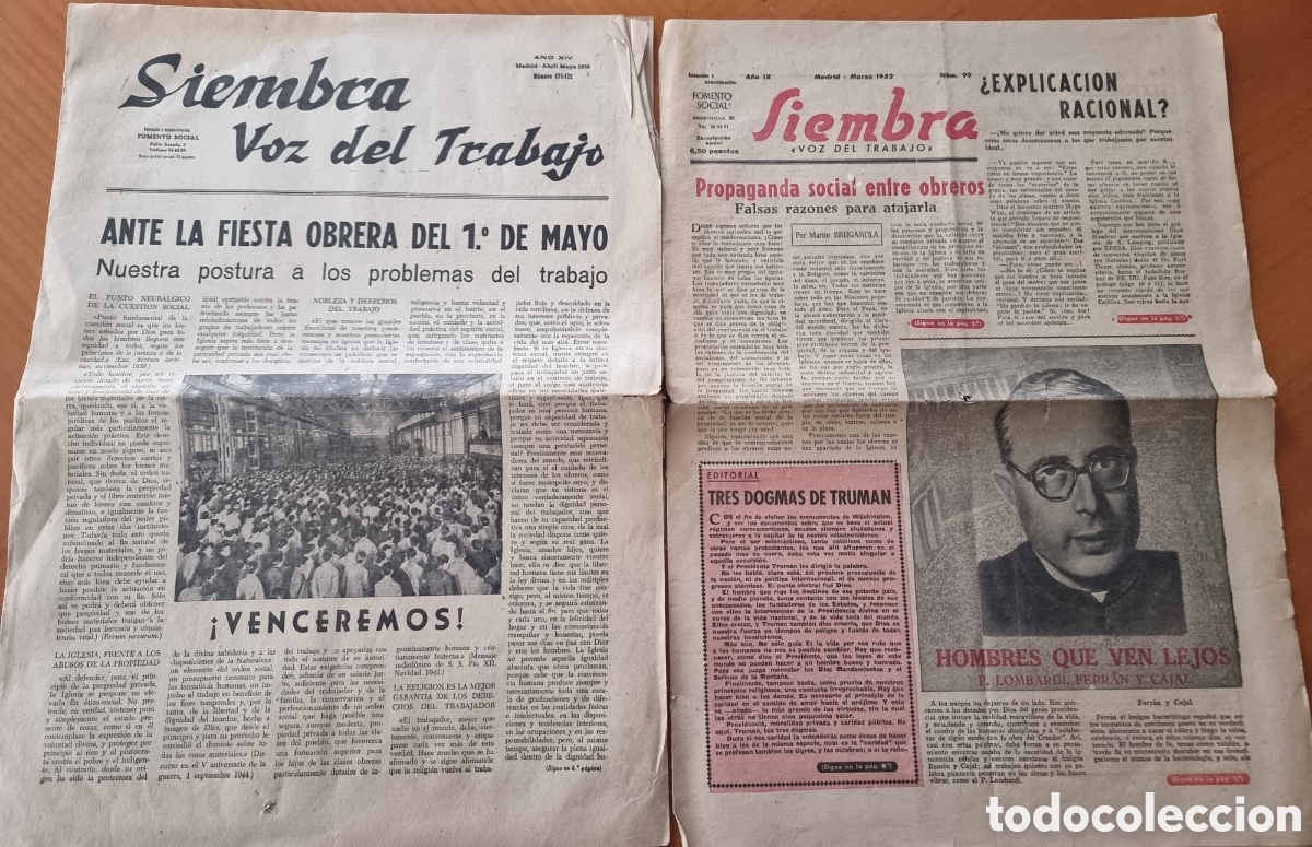 Coleccionismo de Revistas y Peri&oacute;dicos: Peri&oacute;dico Siembra Voz del Trabajo dos diarios Madrid a&ntilde;os 50 muy raros