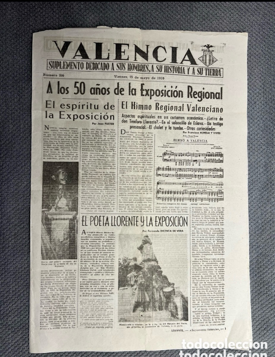 Colecionismo de Revistas e Jornais: LAS PROVINCIAS. VALENCIA. 50 a&ntilde;os de la Exposici&oacute;n Regional. El Poeta Llorente &hellip; (a.1959)