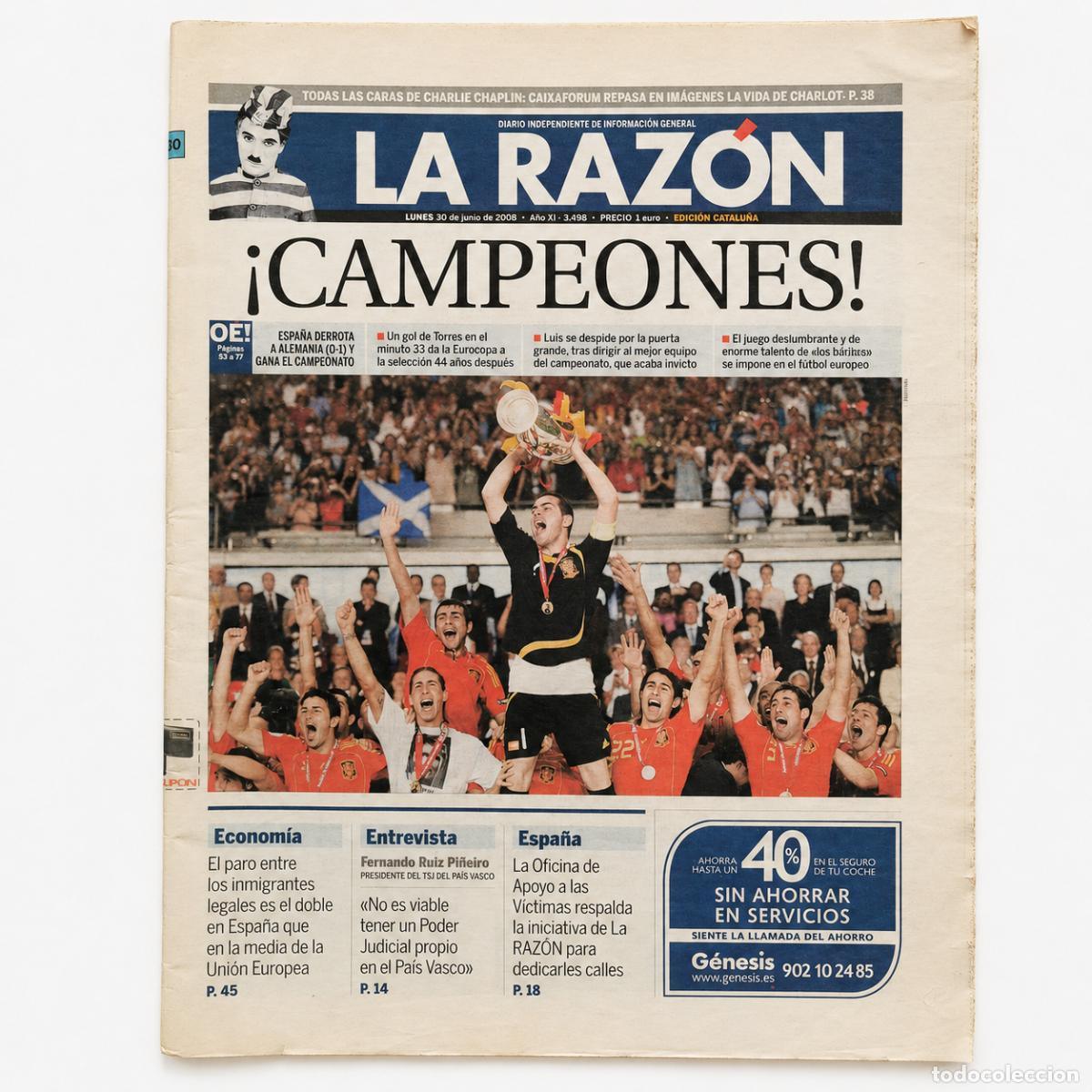 Coleccionismo de Revistas y Peri&oacute;dicos: La Raz&oacute;n 30 junio 2008 Espa&ntilde;a campeona Eurocopa Casillas Torres Alemania