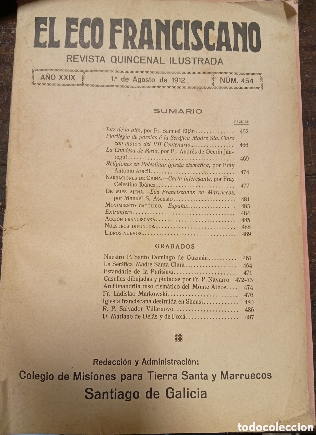 Coleccionismo de Revistas y Peri&oacute;dicos: El Eco Franciscano antiguo revista a&ntilde;o 1912 Santiago de Compostela