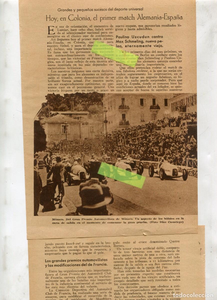 Coleccionismo de Revistas y Peri&oacute;dicos: RECORTE DE PRENSA A&Ntilde;O 1935 CARRERA DE COCHES GRAN PREMIO AUTOMOVILISTA DE MONACO