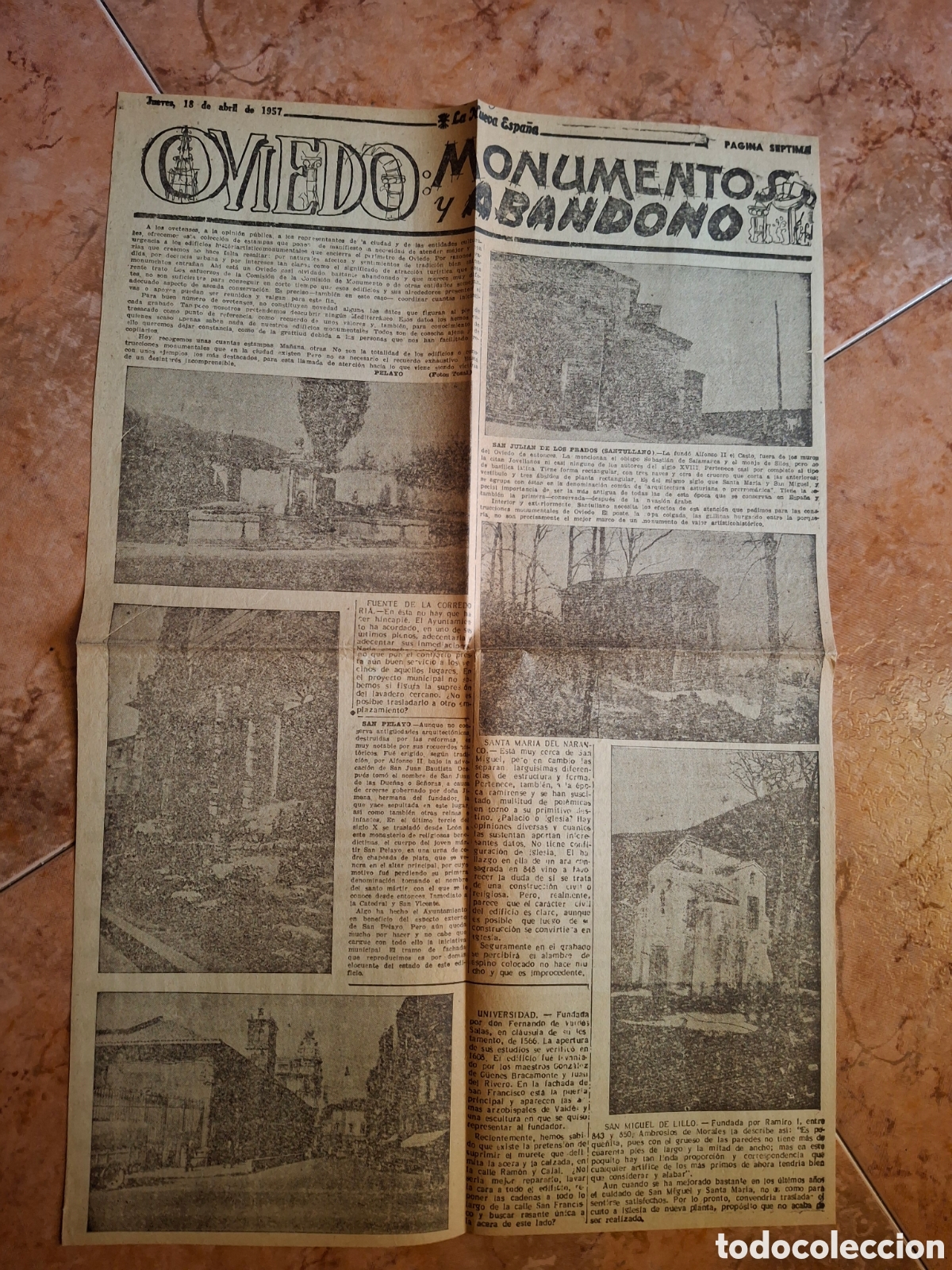 Coleccionismo de Revistas y Peri&oacute;dicos: P&aacute;gina Peri&oacute;dico La Nueva Espa&ntilde;a (18 Abril 1957) - Oviedo, Monumentos y Abandono - Prerrom&aacute;n