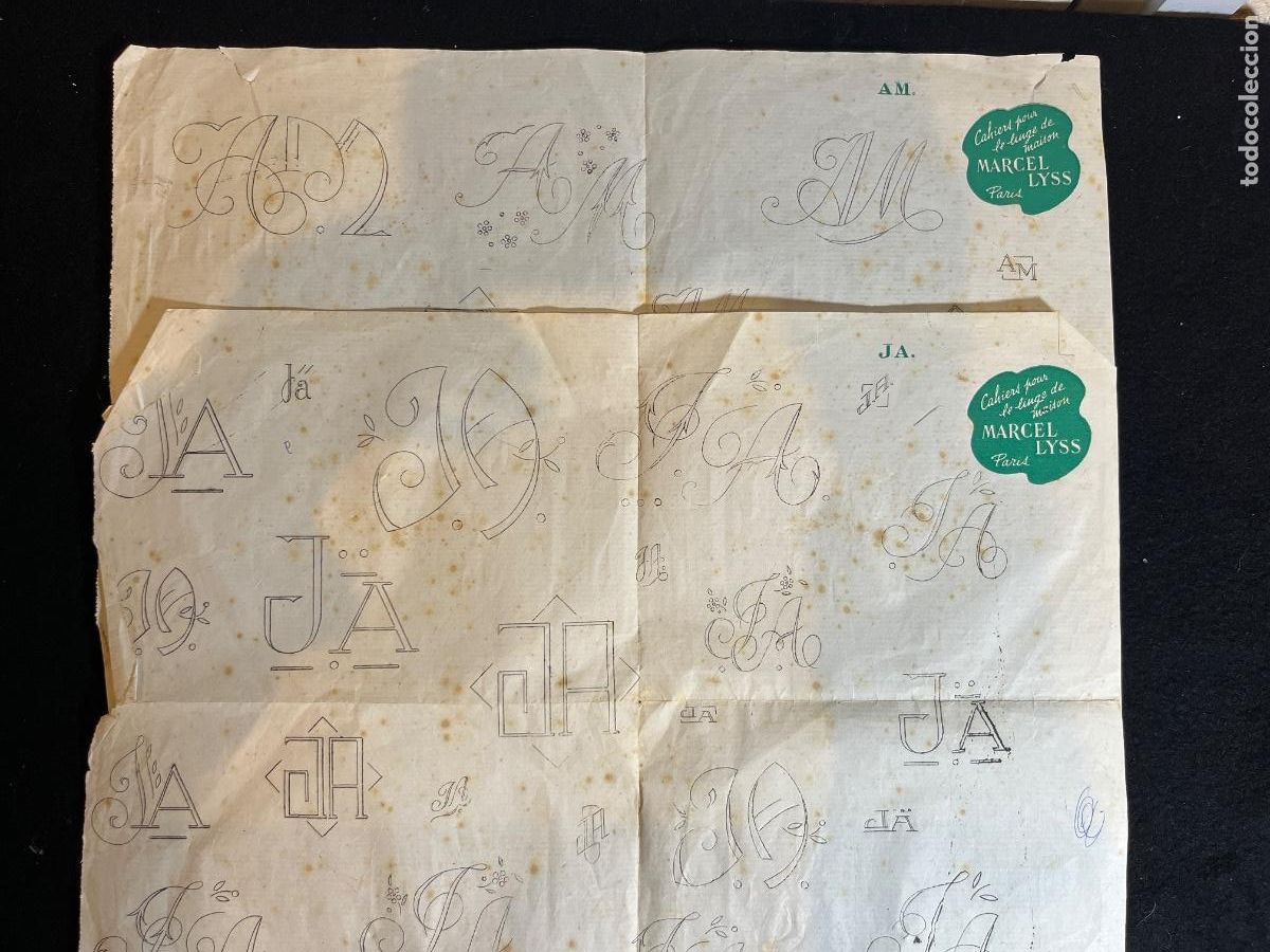 Coleccionismo de Revistas y Peri&oacute;dicos: 2 Pliegos Bordado Marcel Lyss Par&iacute;s Monogramas AM JA Vintage Linge Maison