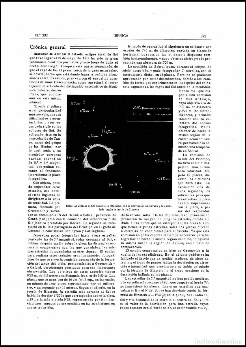 Coleccionismo de Revistas y Peri&oacute;dicos: REVISTA IBERICA 332 A&Ntilde;O 1920 TEORIA DE LA RELATIVIDAD DE EINSTEIN CALCULOS LA DESVIACION DEL SOL