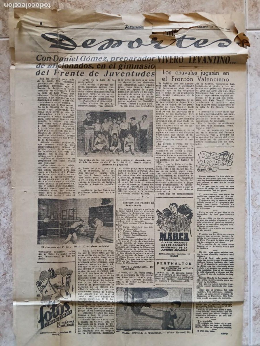 Coleccionismo de Revistas y Peri&oacute;dicos: 1944 2 HOJAS PERIODICO JORNADA. GIMNASIO FRENTE JUVENTUDES, BOXEO DANIEL GOMEZ, FRONTON VALENCIANO