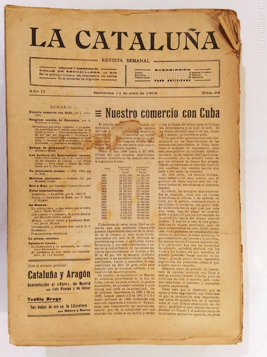 Sammeln von Zeitschriften und Zeitungen: CATALUNYA - LA CATALU&Ntilde;A , REVISTA SEMANAL - NUMERO 28 A&Ntilde;O 1908 - REVISTA ANTIGUA CATALANA