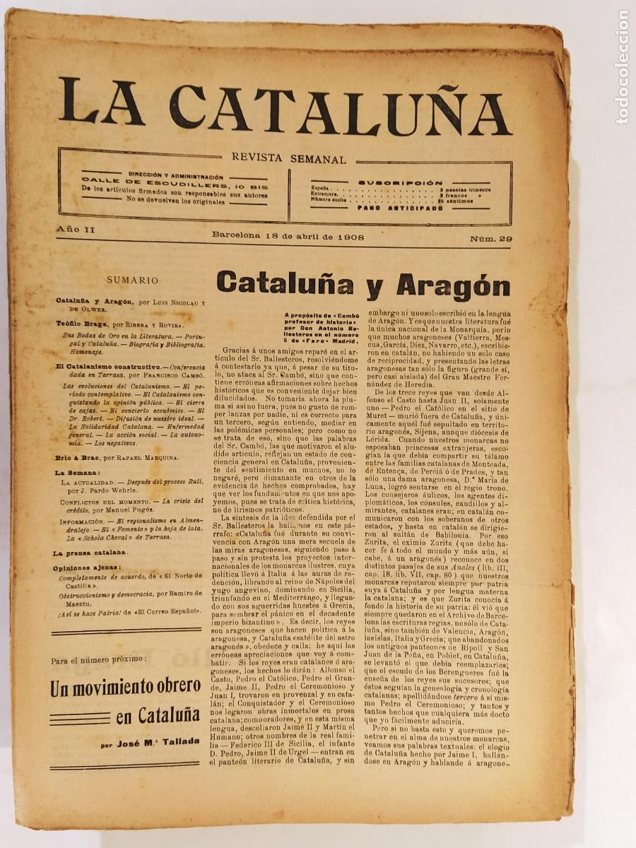 Sammeln von Zeitschriften und Zeitungen: CATALUNYA - LA CATALU&Ntilde;A , REVISTA SEMANAL - NUMERO 29 A&Ntilde;O 1908 - REVISTA ANTIGUA CATALANA