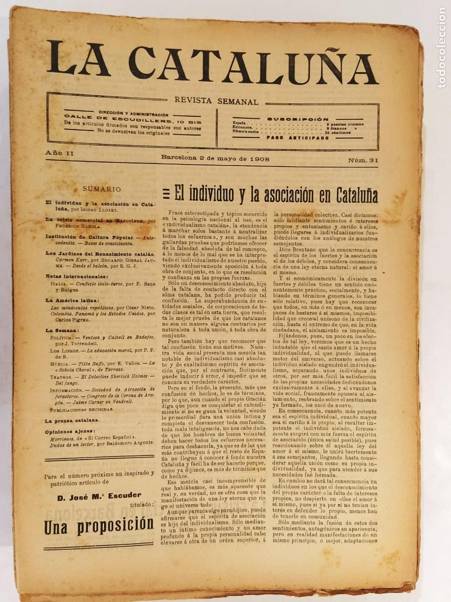 Sammeln von Zeitschriften und Zeitungen: CATALUNYA - LA CATALU&Ntilde;A , REVISTA SEMANAL - NUMERO 31 A&Ntilde;O 1908 - REVISTA ANTIGUA CATALANA