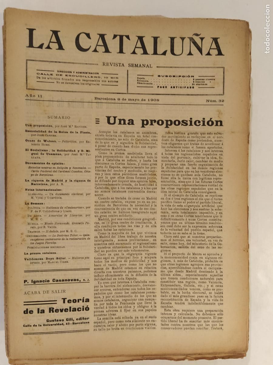 Sammeln von Zeitschriften und Zeitungen: CATALUNYA - LA CATALU&Ntilde;A , REVISTA SEMANAL - NUMERO 32 A&Ntilde;O 1908 - REVISTA ANTIGUA CATALANA