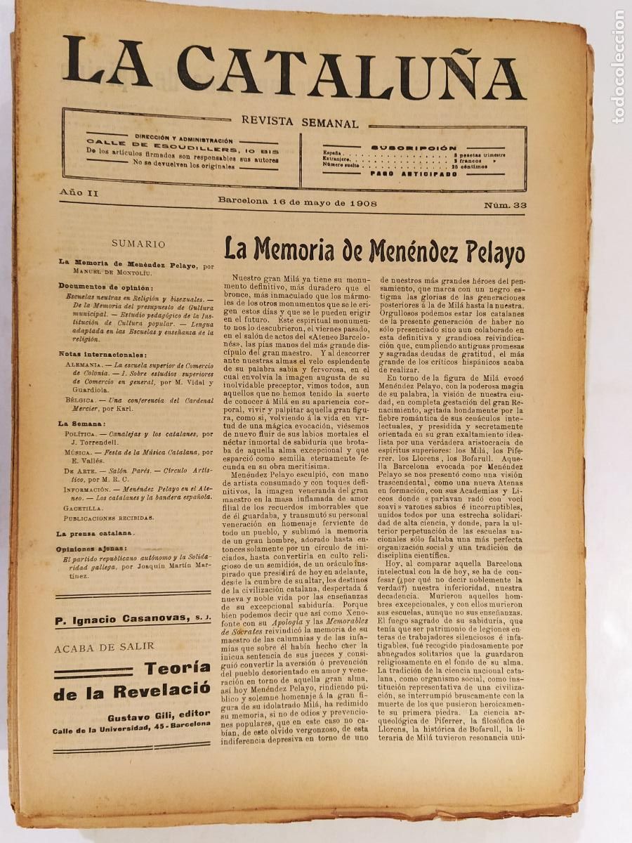 Sammeln von Zeitschriften und Zeitungen: CATALUNYA - LA CATALU&Ntilde;A , REVISTA SEMANAL - NUMERO 33 A&Ntilde;O 1908 - REVISTA ANTIGUA CATALANA