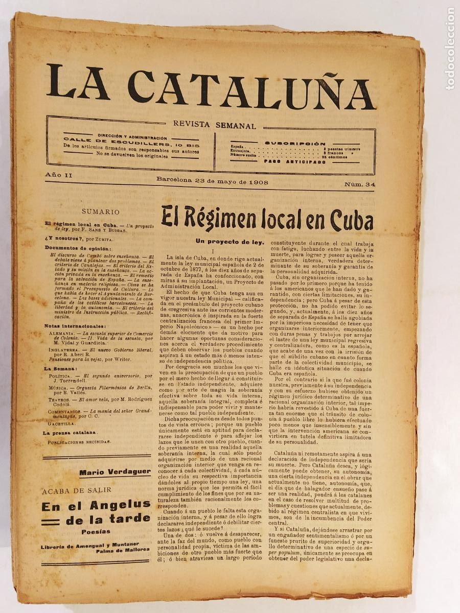 Coleccionismo de Revistas y Peri&oacute;dicos: CATALUNYA - LA CATALU&Ntilde;A , REVISTA SEMANAL - NUMERO 34 A&Ntilde;O 1908 - REVISTA ANTIGUA CATALANA