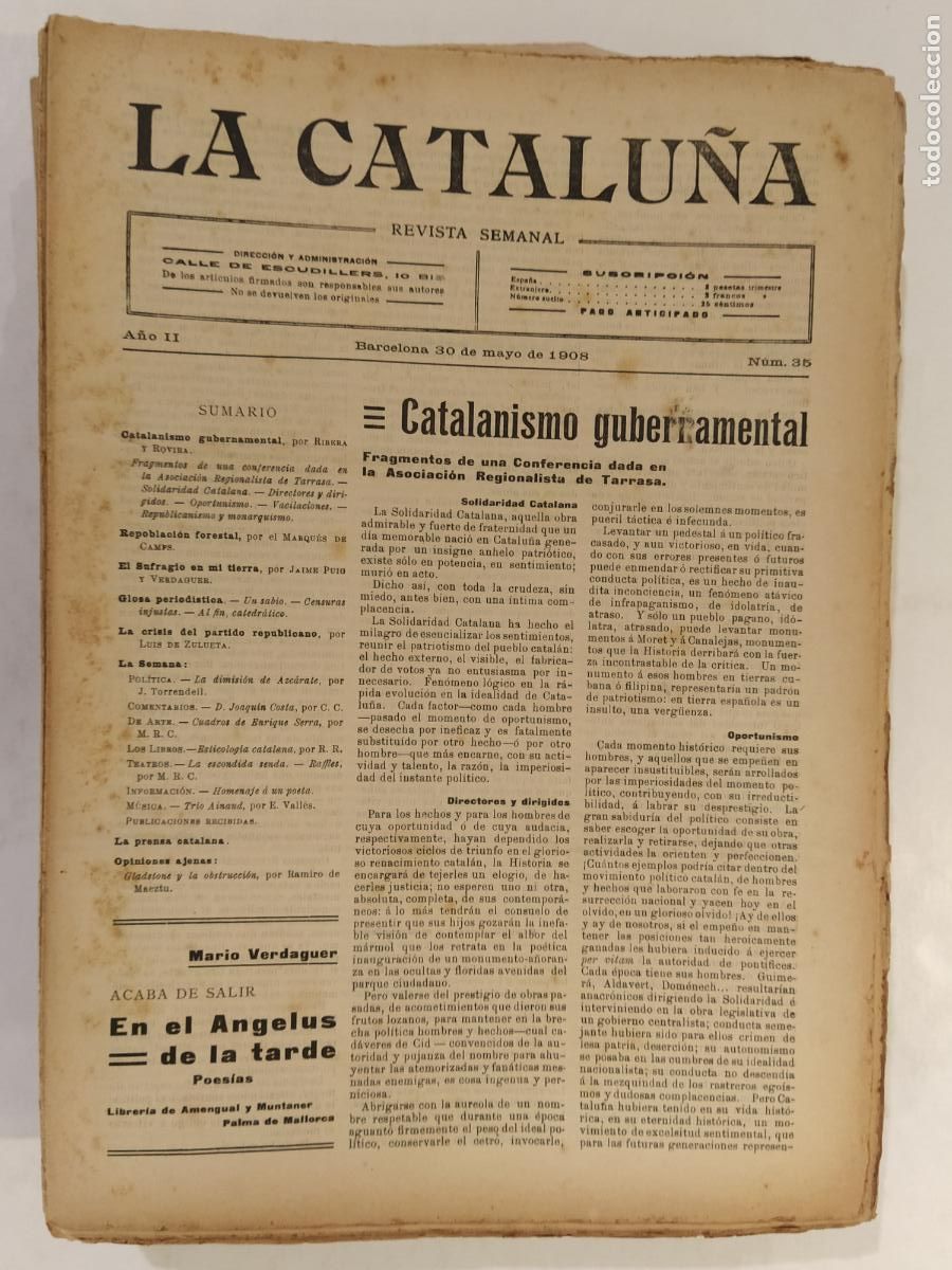 Coleccionismo de Revistas y Peri&oacute;dicos: CATALUNYA - LA CATALU&Ntilde;A , REVISTA SEMANAL - NUMERO 35 A&Ntilde;O 1908 - REVISTA ANTIGUA CATALANA