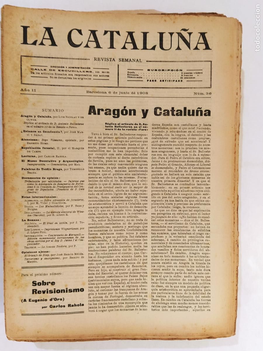 Coleccionismo de Revistas y Peri&oacute;dicos: CATALUNYA - LA CATALU&Ntilde;A , REVISTA SEMANAL - NUMERO 36 A&Ntilde;O 1908 - REVISTA ANTIGUA CATALANA