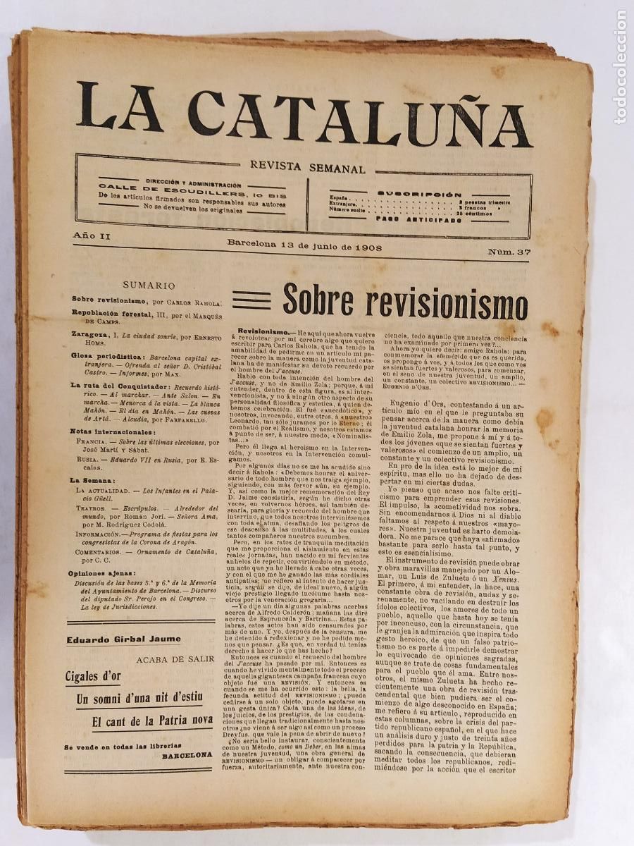 Coleccionismo de Revistas y Peri&oacute;dicos: CATALUNYA - LA CATALU&Ntilde;A , REVISTA SEMANAL - NUMERO 37 A&Ntilde;O 1908 - REVISTA ANTIGUA CATALANA