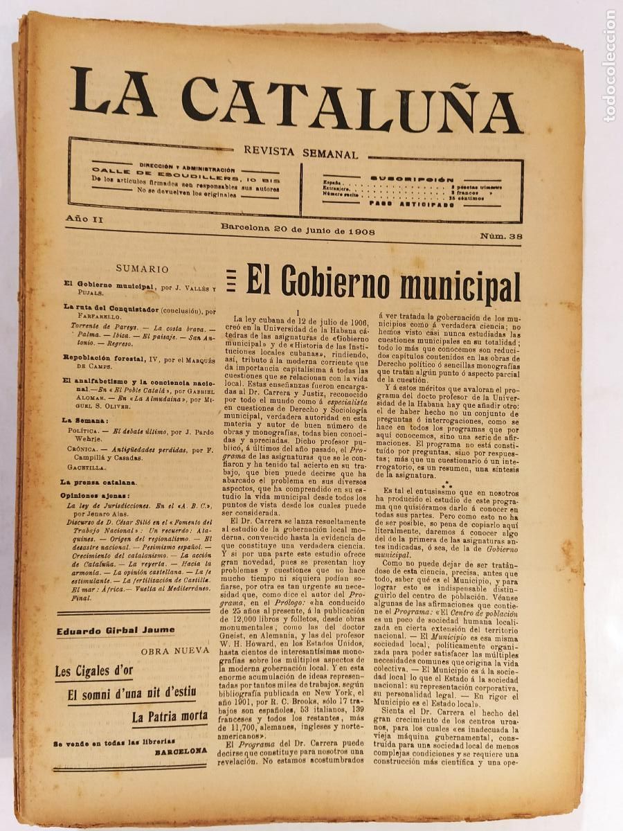 Coleccionismo de Revistas y Peri&oacute;dicos: CATALUNYA - LA CATALU&Ntilde;A , REVISTA SEMANAL - NUMERO 38 A&Ntilde;O 1908 - REVISTA ANTIGUA CATALANA