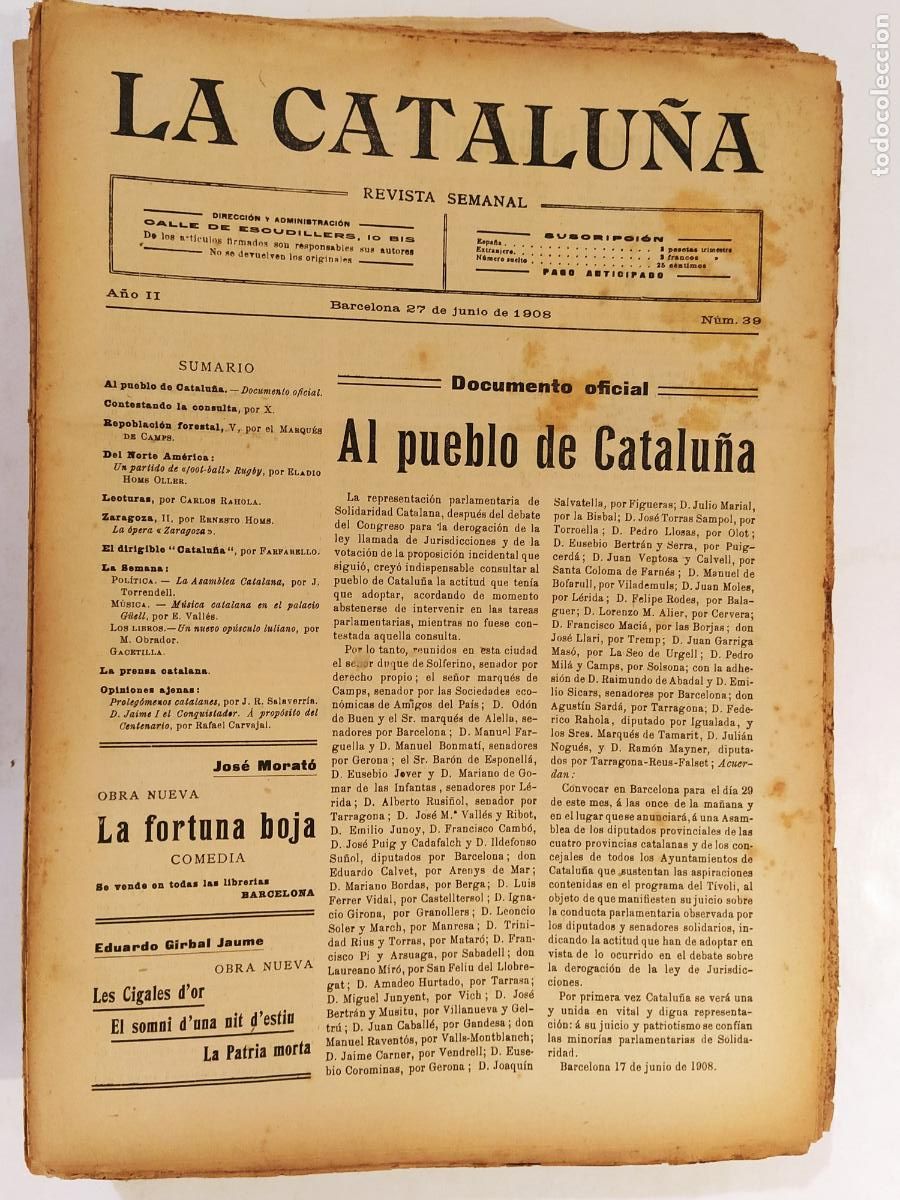 Coleccionismo de Revistas y Peri&oacute;dicos: CATALUNYA - LA CATALU&Ntilde;A , REVISTA SEMANAL - NUMERO 39 A&Ntilde;O 1908 - REVISTA ANTIGUA CATALANA