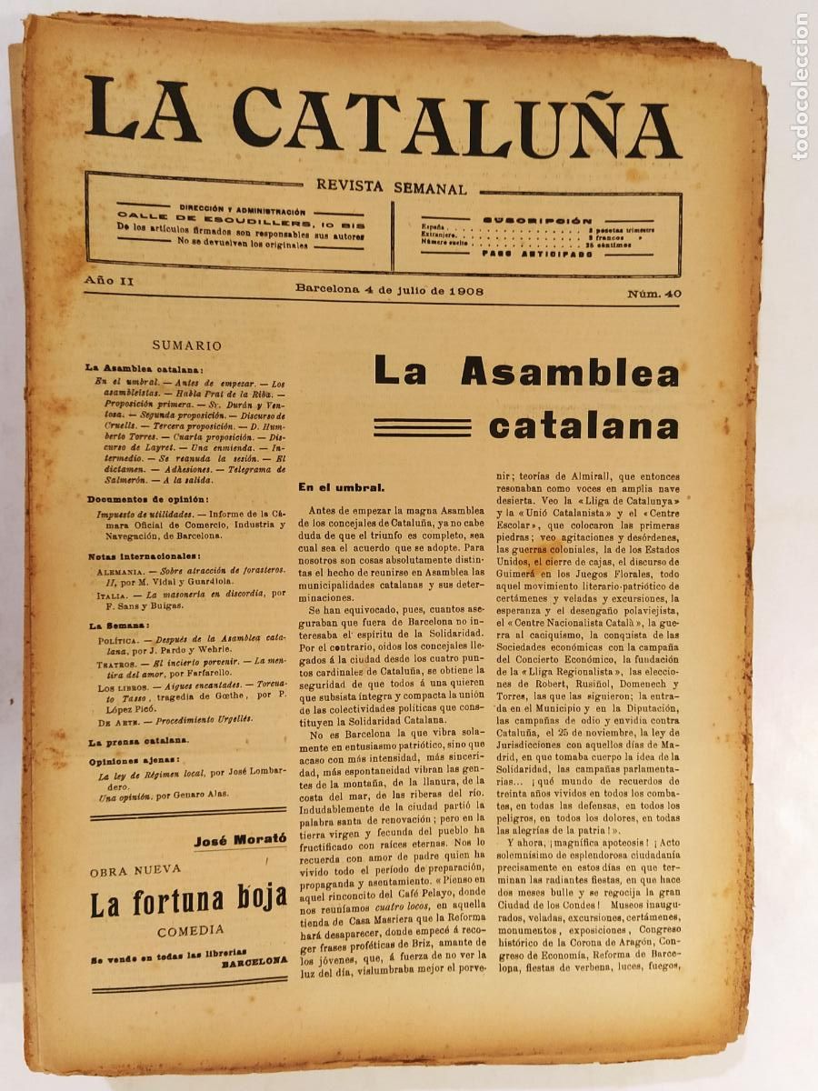 Coleccionismo de Revistas y Peri&oacute;dicos: CATALUNYA - LA CATALU&Ntilde;A , REVISTA SEMANAL - NUMERO 40 A&Ntilde;O 1908 - REVISTA ANTIGUA CATALANA