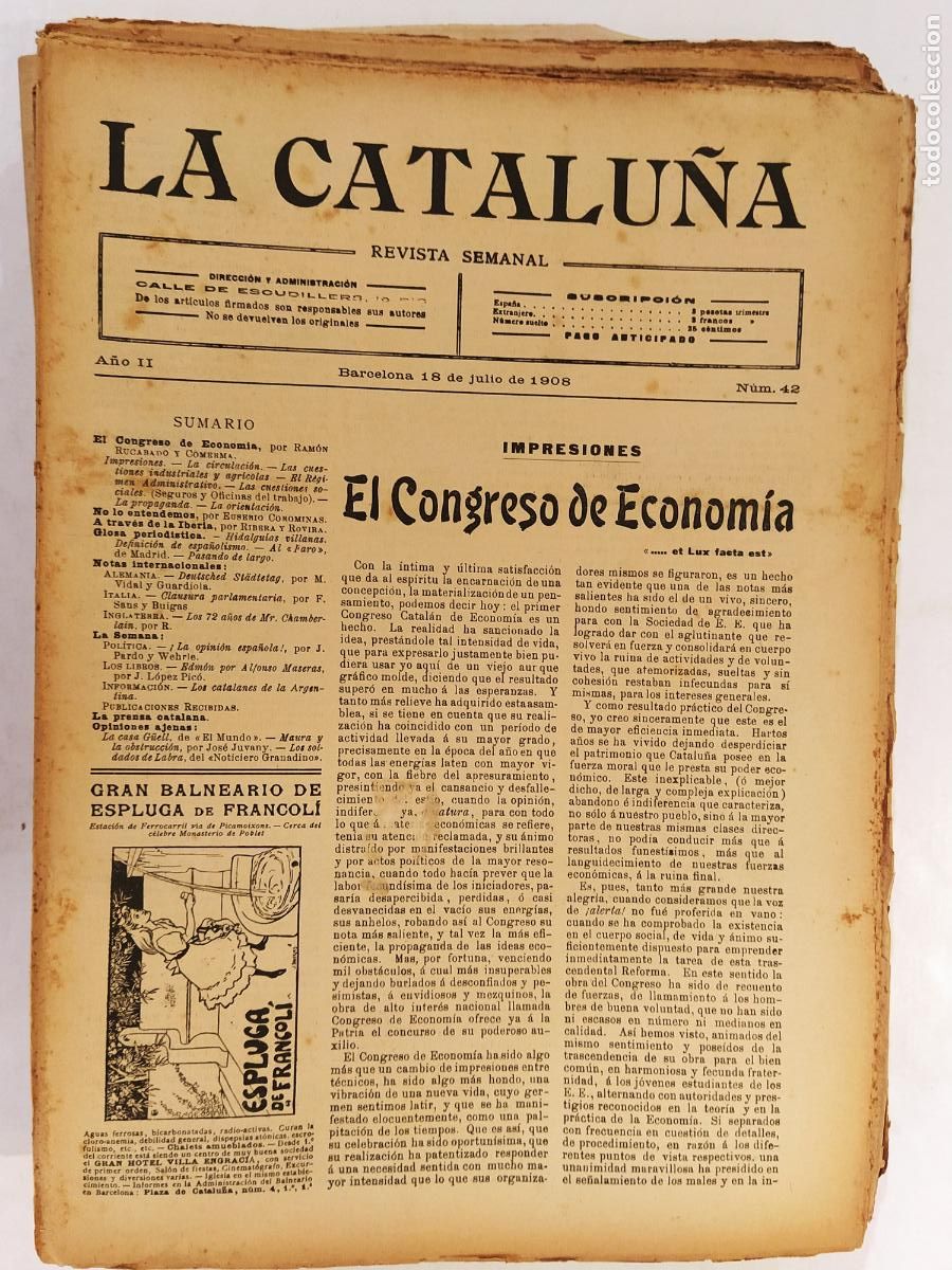 Coleccionismo de Revistas y Peri&oacute;dicos: CATALUNYA - LA CATALU&Ntilde;A , REVISTA SEMANAL - NUMERO 42 A&Ntilde;O 1908 - REVISTA ANTIGUA CATALANA
