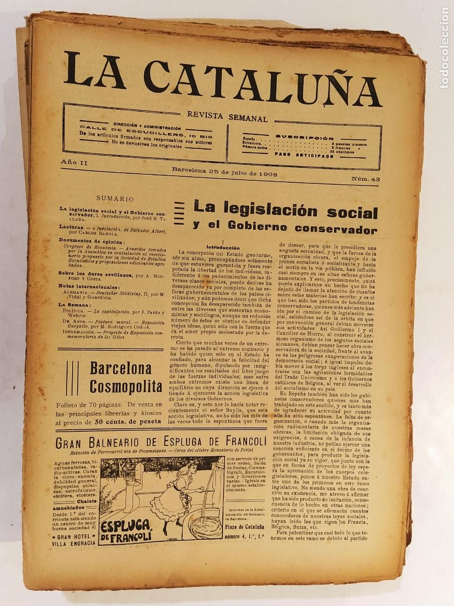 Coleccionismo de Revistas y Peri&oacute;dicos: CATALUNYA - LA CATALU&Ntilde;A , REVISTA SEMANAL - NUMERO 43 A&Ntilde;O 1908 - REVISTA ANTIGUA CATALANA