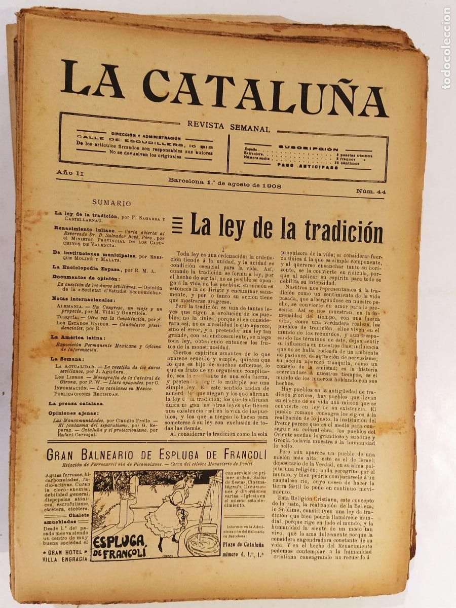 Coleccionismo de Revistas y Peri&oacute;dicos: CATALUNYA - LA CATALU&Ntilde;A , REVISTA SEMANAL - NUMERO 44 A&Ntilde;O 1908 - REVISTA ANTIGUA CATALANA
