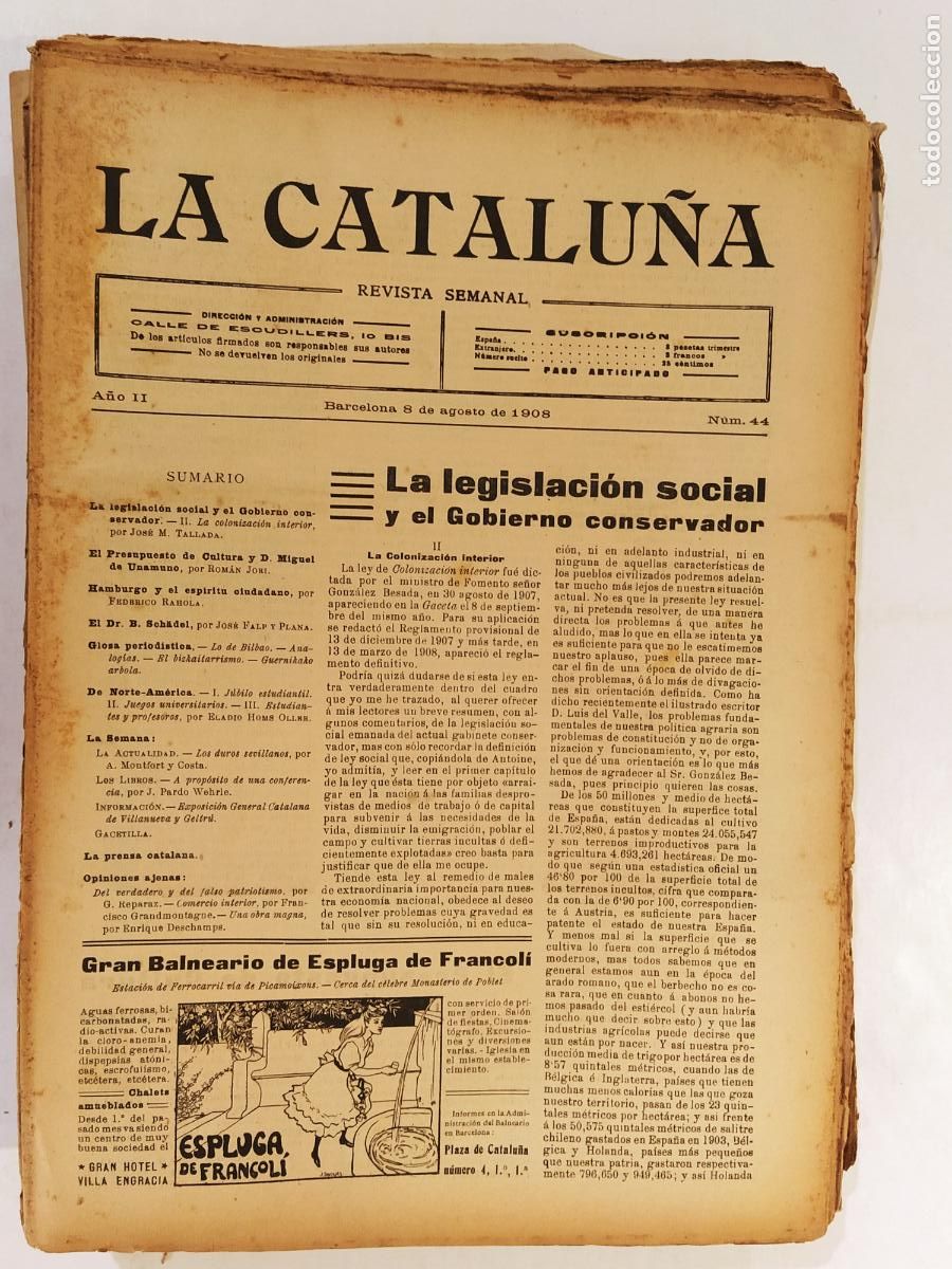 Coleccionismo de Revistas y Peri&oacute;dicos: CATALUNYA - LA CATALU&Ntilde;A , REVISTA SEMANAL - NUMERO 45 A&Ntilde;O 1908 - REVISTA ANTIGUA CATALANA