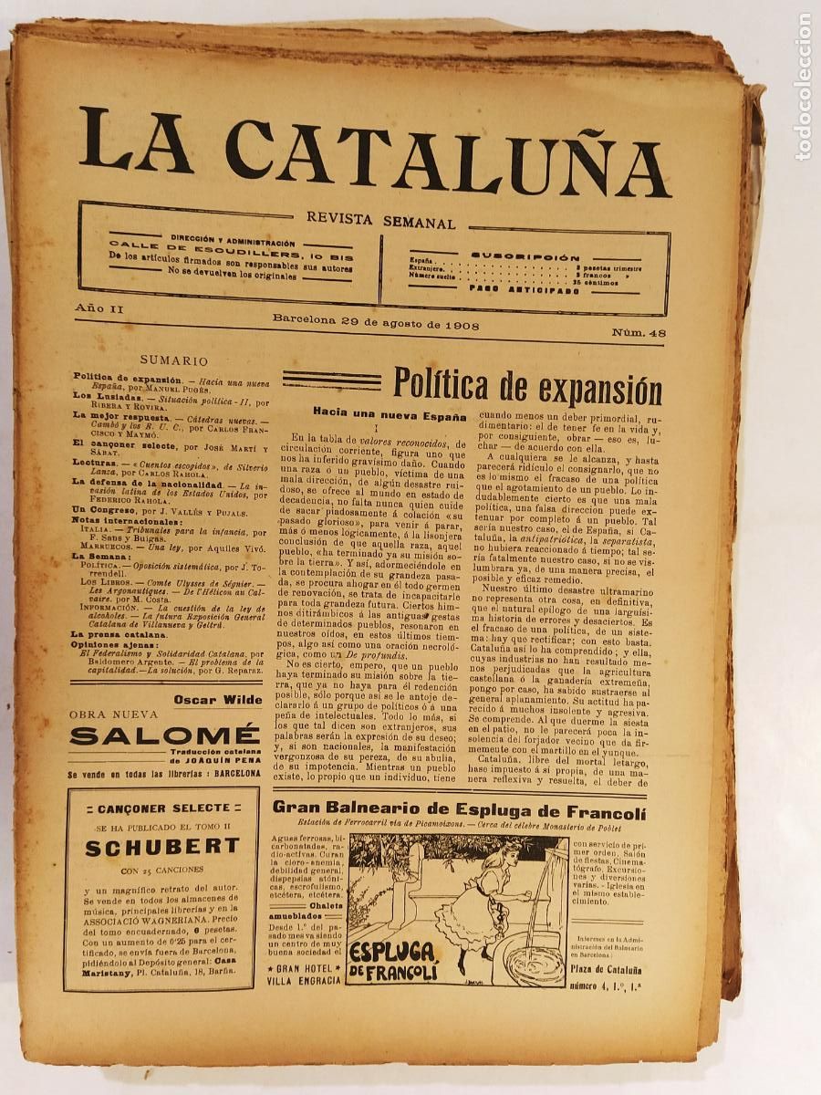 Coleccionismo de Revistas y Peri&oacute;dicos: CATALUNYA - LA CATALU&Ntilde;A , REVISTA SEMANAL - NUMERO 48 A&Ntilde;O 1908 - REVISTA ANTIGUA CATALANA