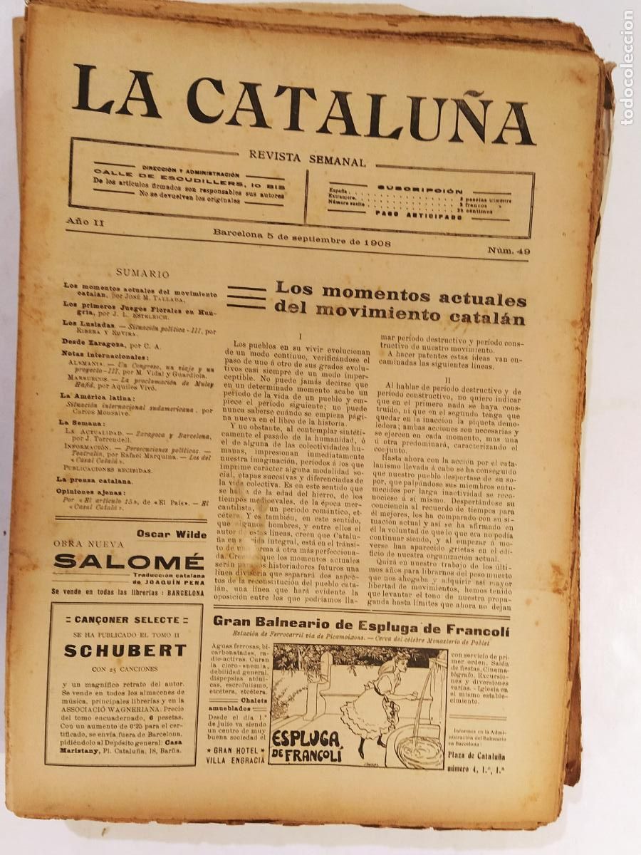 Coleccionismo de Revistas y Peri&oacute;dicos: CATALUNYA - LA CATALU&Ntilde;A , REVISTA SEMANAL - NUMERO 49 A&Ntilde;O 1908 - REVISTA ANTIGUA CATALANA