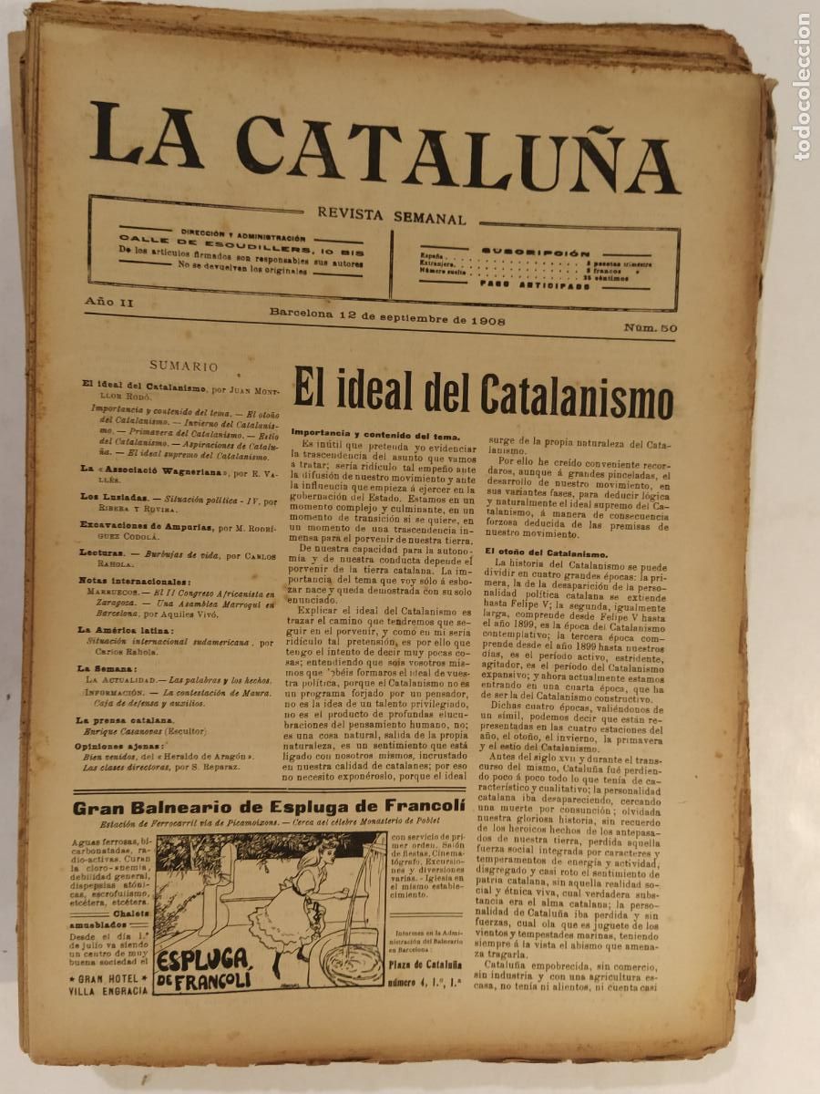 Coleccionismo de Revistas y Peri&oacute;dicos: CATALUNYA - LA CATALU&Ntilde;A , REVISTA SEMANAL - NUMERO 50 A&Ntilde;O 1908 - REVISTA ANTIGUA CATALANA