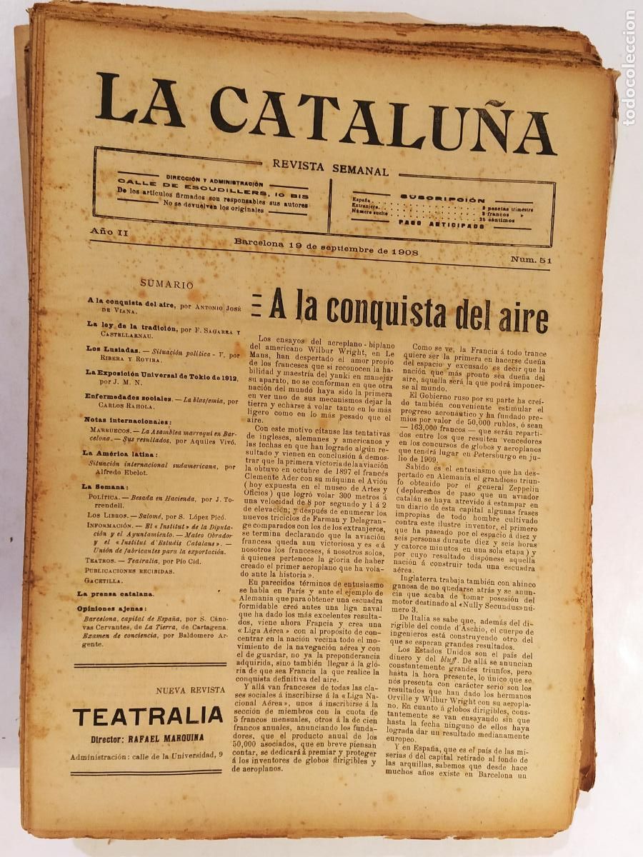 Coleccionismo de Revistas y Peri&oacute;dicos: CATALUNYA - LA CATALU&Ntilde;A , REVISTA SEMANAL - NUMERO 51 A&Ntilde;O 1908 - REVISTA ANTIGUA CATALANA