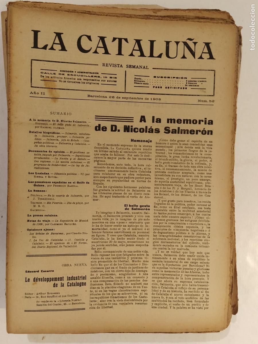 Coleccionismo de Revistas y Peri&oacute;dicos: CATALUNYA - LA CATALU&Ntilde;A , REVISTA SEMANAL - NUMERO 52 A&Ntilde;O 1908 - REVISTA ANTIGUA CATALANA