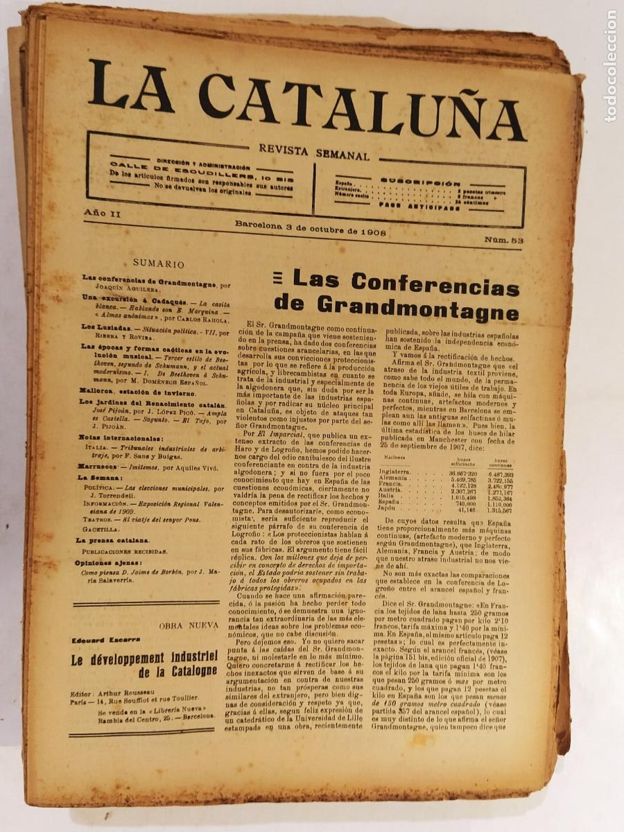 Coleccionismo de Revistas y Peri&oacute;dicos: CATALUNYA - LA CATALU&Ntilde;A , REVISTA SEMANAL - NUMERO 53 A&Ntilde;O 1908 - REVISTA ANTIGUA CATALANA