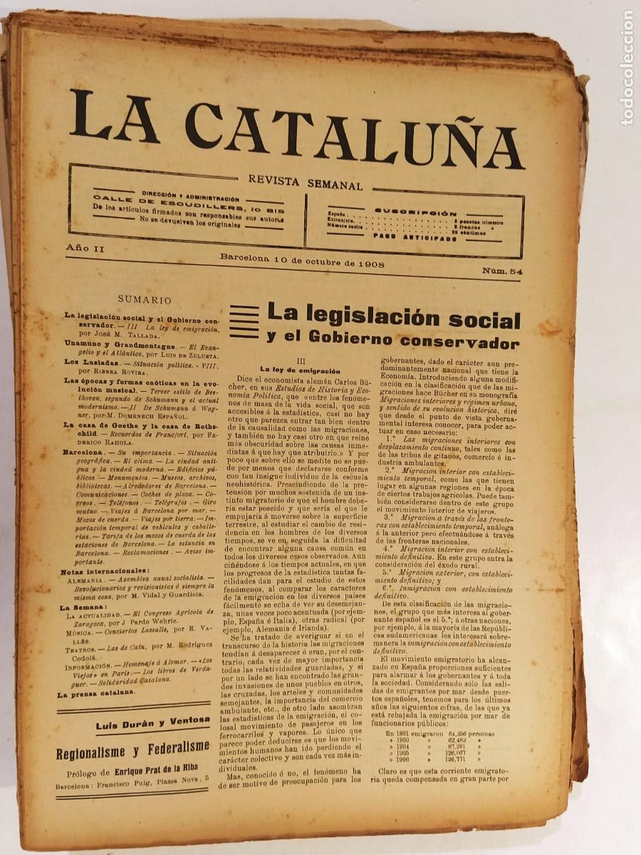 Coleccionismo de Revistas y Peri&oacute;dicos: CATALUNYA - LA CATALU&Ntilde;A , REVISTA SEMANAL - NUMERO 54 A&Ntilde;O 1908 - REVISTA ANTIGUA CATALANA
