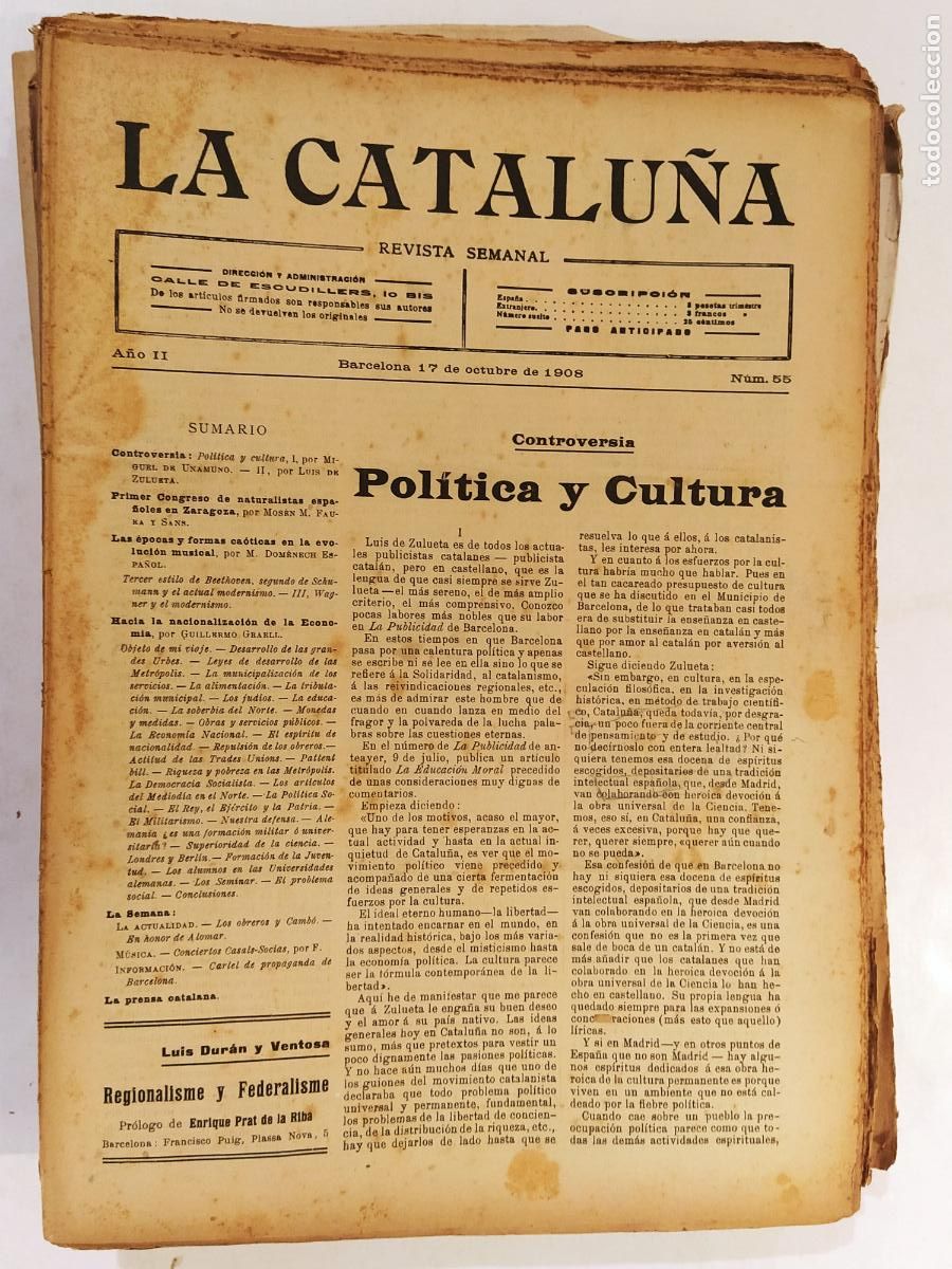 Coleccionismo de Revistas y Peri&oacute;dicos: CATALUNYA - LA CATALU&Ntilde;A , REVISTA SEMANAL - NUMERO 55 A&Ntilde;O 1908 - REVISTA ANTIGUA CATALANA