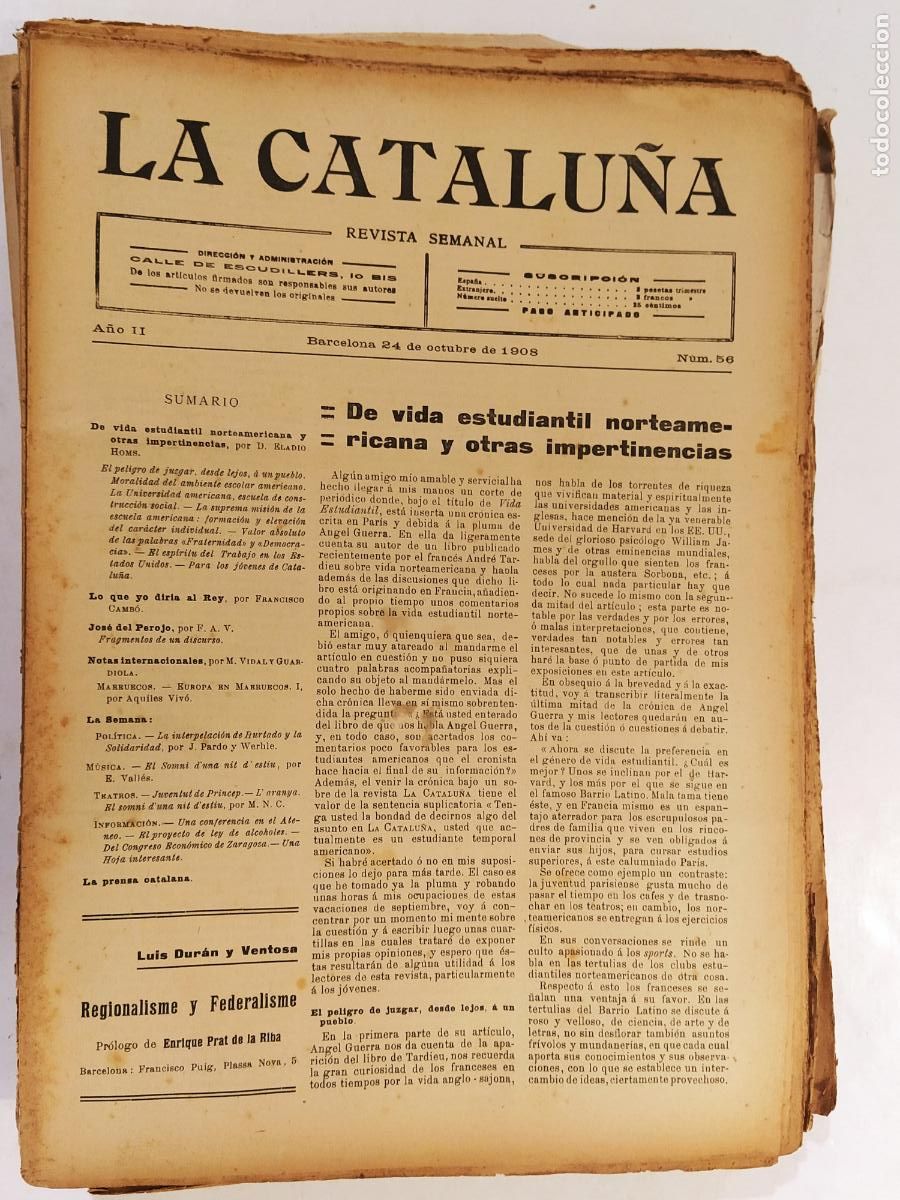 Coleccionismo de Revistas y Peri&oacute;dicos: CATALUNYA - LA CATALU&Ntilde;A , REVISTA SEMANAL - NUMERO 56 A&Ntilde;O 1908 - REVISTA ANTIGUA CATALANA