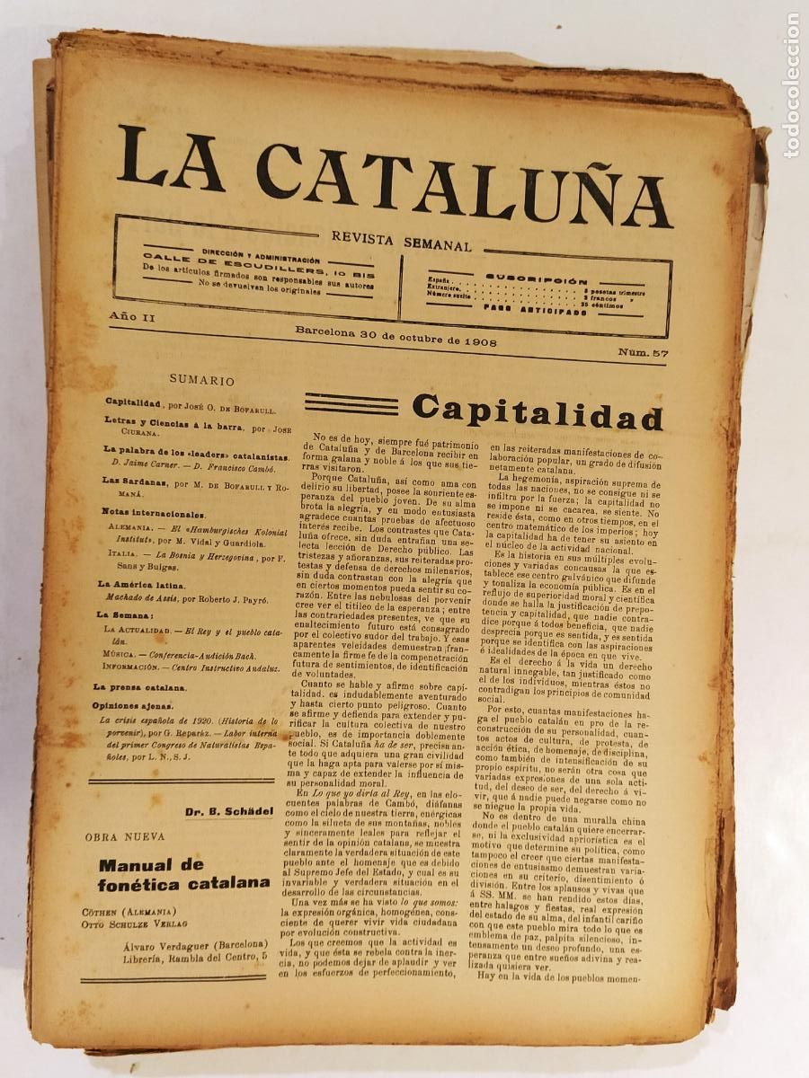 Coleccionismo de Revistas y Peri&oacute;dicos: CATALUNYA - LA CATALU&Ntilde;A , REVISTA SEMANAL - NUMERO 57 A&Ntilde;O 1908 - REVISTA ANTIGUA CATALANA