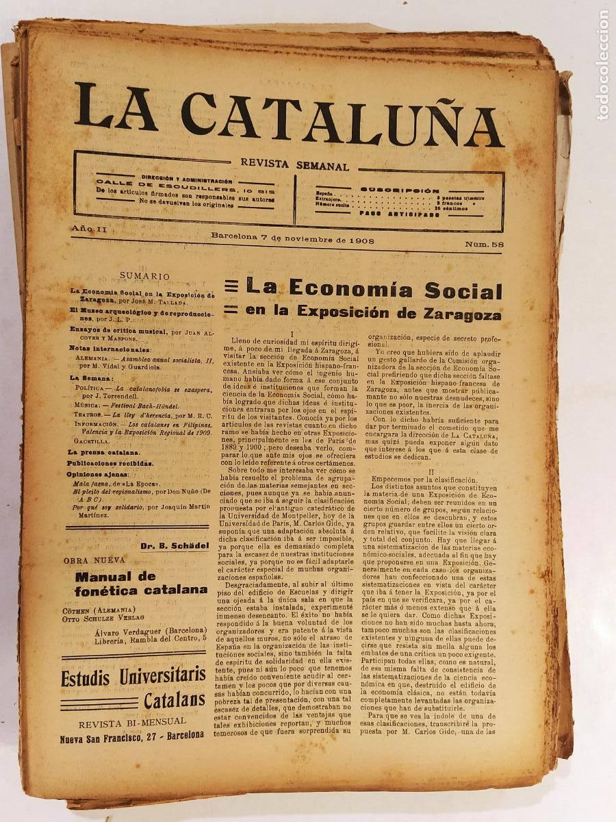 Coleccionismo de Revistas y Peri&oacute;dicos: CATALUNYA - LA CATALU&Ntilde;A , REVISTA SEMANAL - NUMERO 58 A&Ntilde;O 1908 - REVISTA ANTIGUA CATALANA
