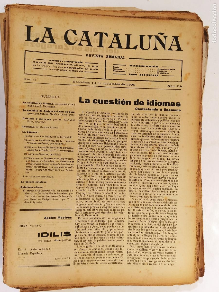 Coleccionismo de Revistas y Peri&oacute;dicos: CATALUNYA - LA CATALU&Ntilde;A , REVISTA SEMANAL - NUMERO 59 A&Ntilde;O 1908 - REVISTA ANTIGUA CATALANA