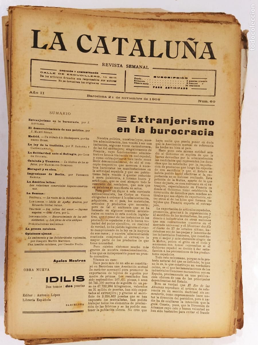 Coleccionismo de Revistas y Peri&oacute;dicos: CATALUNYA - LA CATALU&Ntilde;A , REVISTA SEMANAL - NUMERO 60 A&Ntilde;O 1908 - REVISTA ANTIGUA CATALANA