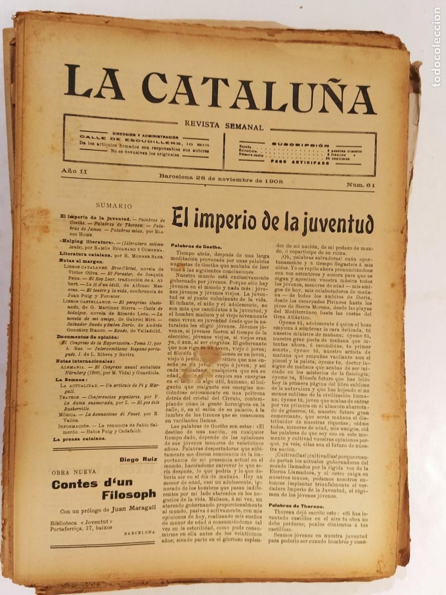 Coleccionismo de Revistas y Peri&oacute;dicos: CATALUNYA - LA CATALU&Ntilde;A , REVISTA SEMANAL - NUMERO 61 A&Ntilde;O 1908 - REVISTA ANTIGUA CATALANA