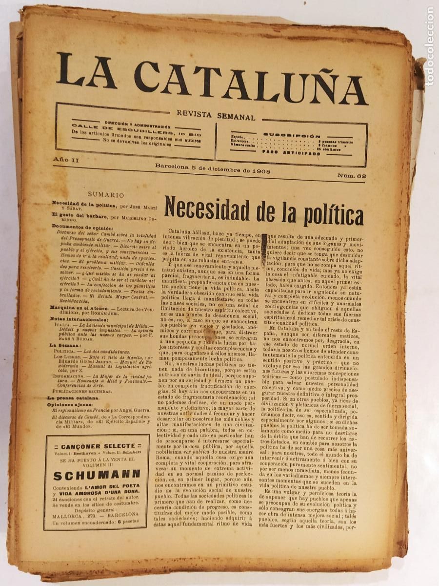 Coleccionismo de Revistas y Peri&oacute;dicos: CATALUNYA - LA CATALU&Ntilde;A , REVISTA SEMANAL - NUMERO 62 A&Ntilde;O 1908 - REVISTA ANTIGUA CATALANA