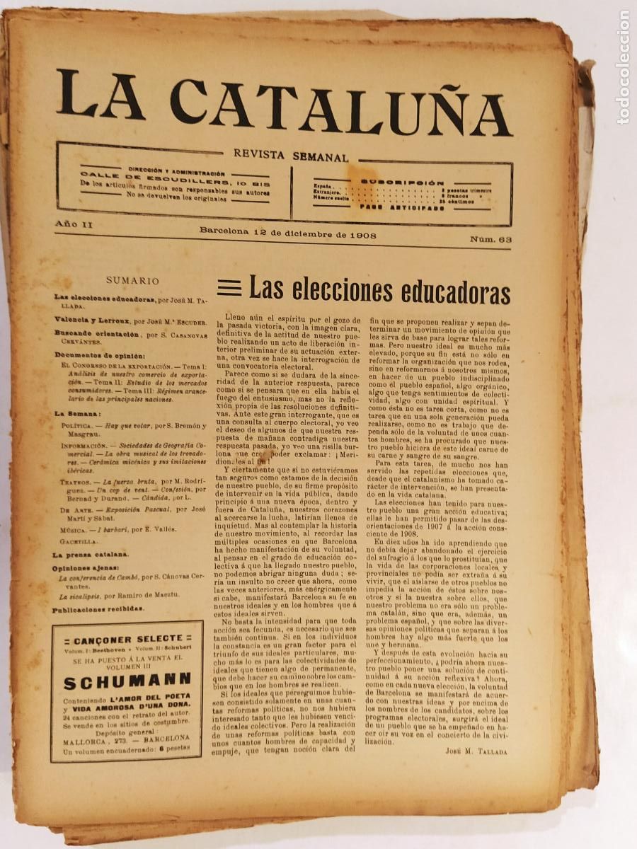 Collezionismo di Riviste e Giornali: CATALUNYA - LA CATALU&Ntilde;A , REVISTA SEMANAL - NUMERO 63 A&Ntilde;O 1908 - REVISTA ANTIGUA CATALANA