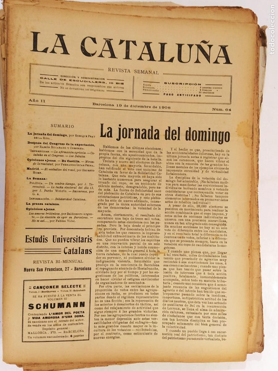 Collezionismo di Riviste e Giornali: CATALUNYA - LA CATALU&Ntilde;A , REVISTA SEMANAL - NUMERO 64 A&Ntilde;O 1908 - REVISTA ANTIGUA CATALANA