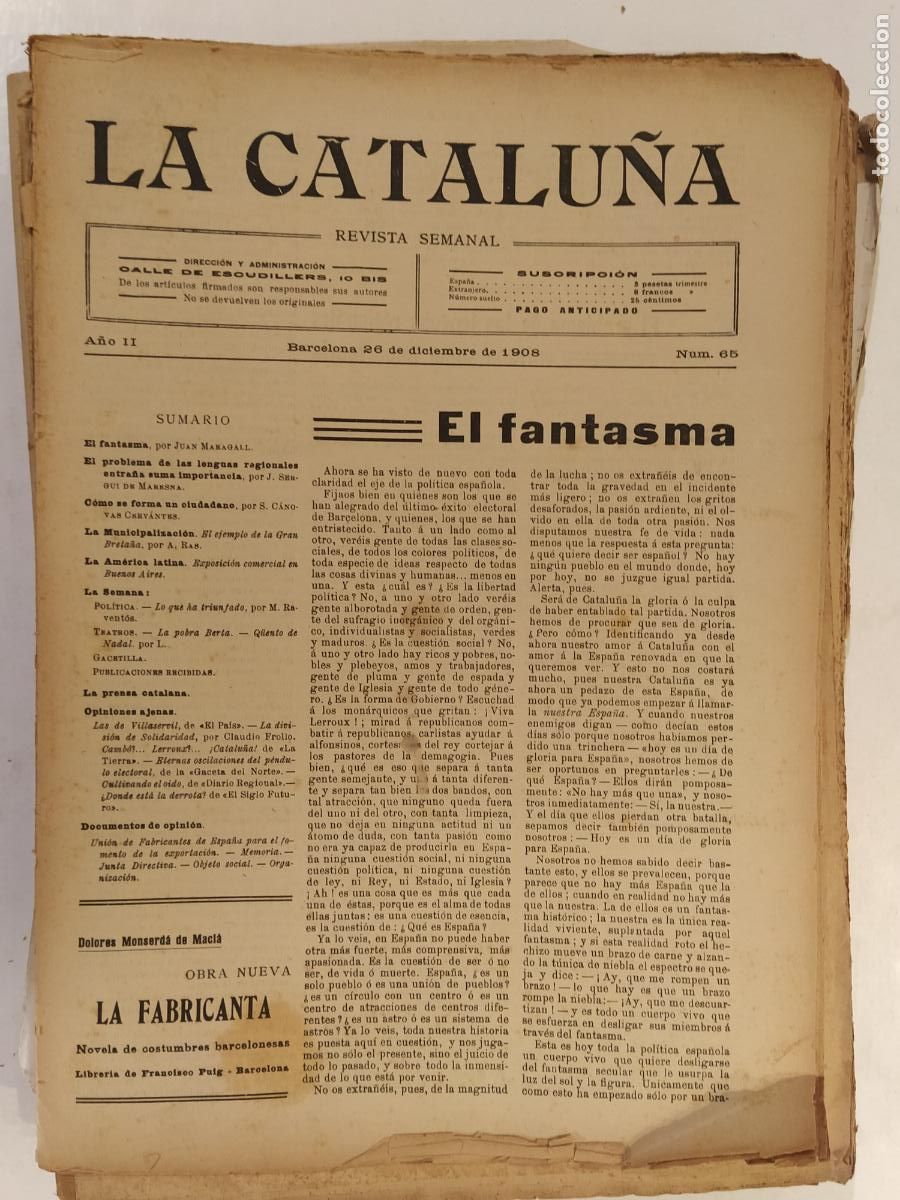 Collezionismo di Riviste e Giornali: CATALUNYA - LA CATALU&Ntilde;A , REVISTA SEMANAL - NUMERO 65 A&Ntilde;O 1908 - REVISTA ANTIGUA CATALANA