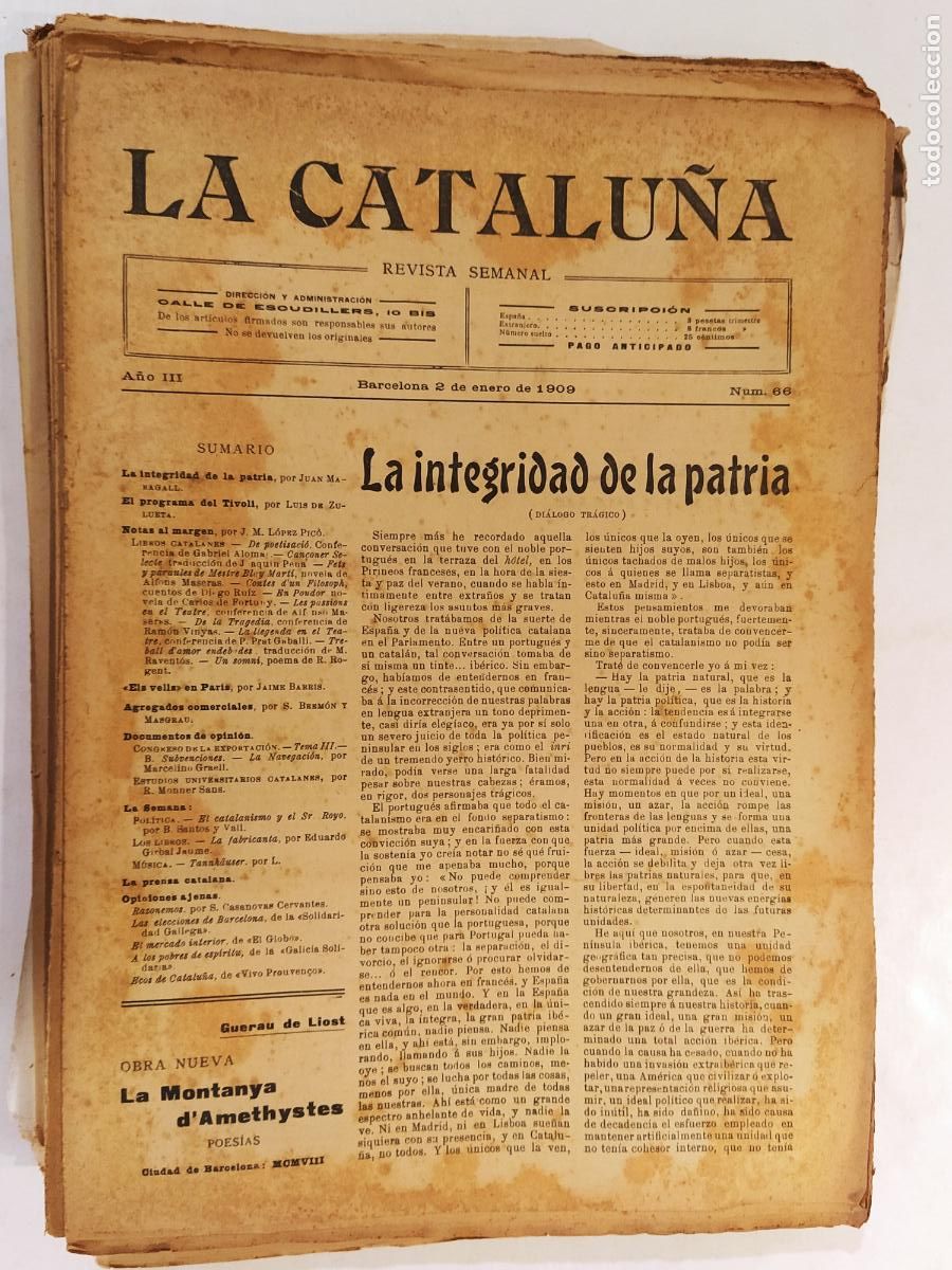 Collezionismo di Riviste e Giornali: CATALUNYA - LA CATALU&Ntilde;A , REVISTA SEMANAL - NUMERO 66 A&Ntilde;O 1909 - REVISTA ANTIGUA CATALANA