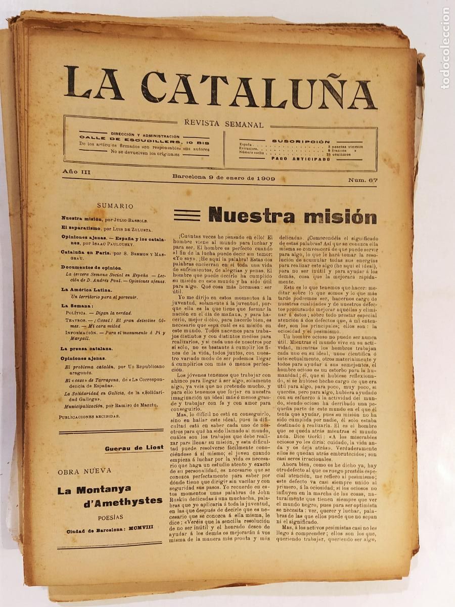 Collezionismo di Riviste e Giornali: CATALUNYA - LA CATALU&Ntilde;A , REVISTA SEMANAL - NUMERO 67 A&Ntilde;O 1909 - REVISTA ANTIGUA CATALANA