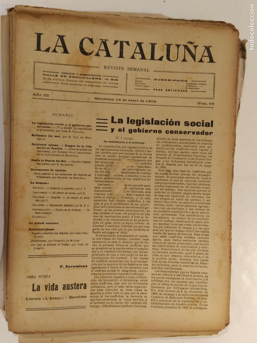Collezionismo di Riviste e Giornali: CATALUNYA - LA CATALU&Ntilde;A , REVISTA SEMANAL - NUMERO 68 A&Ntilde;O 1909 - REVISTA ANTIGUA CATALANA