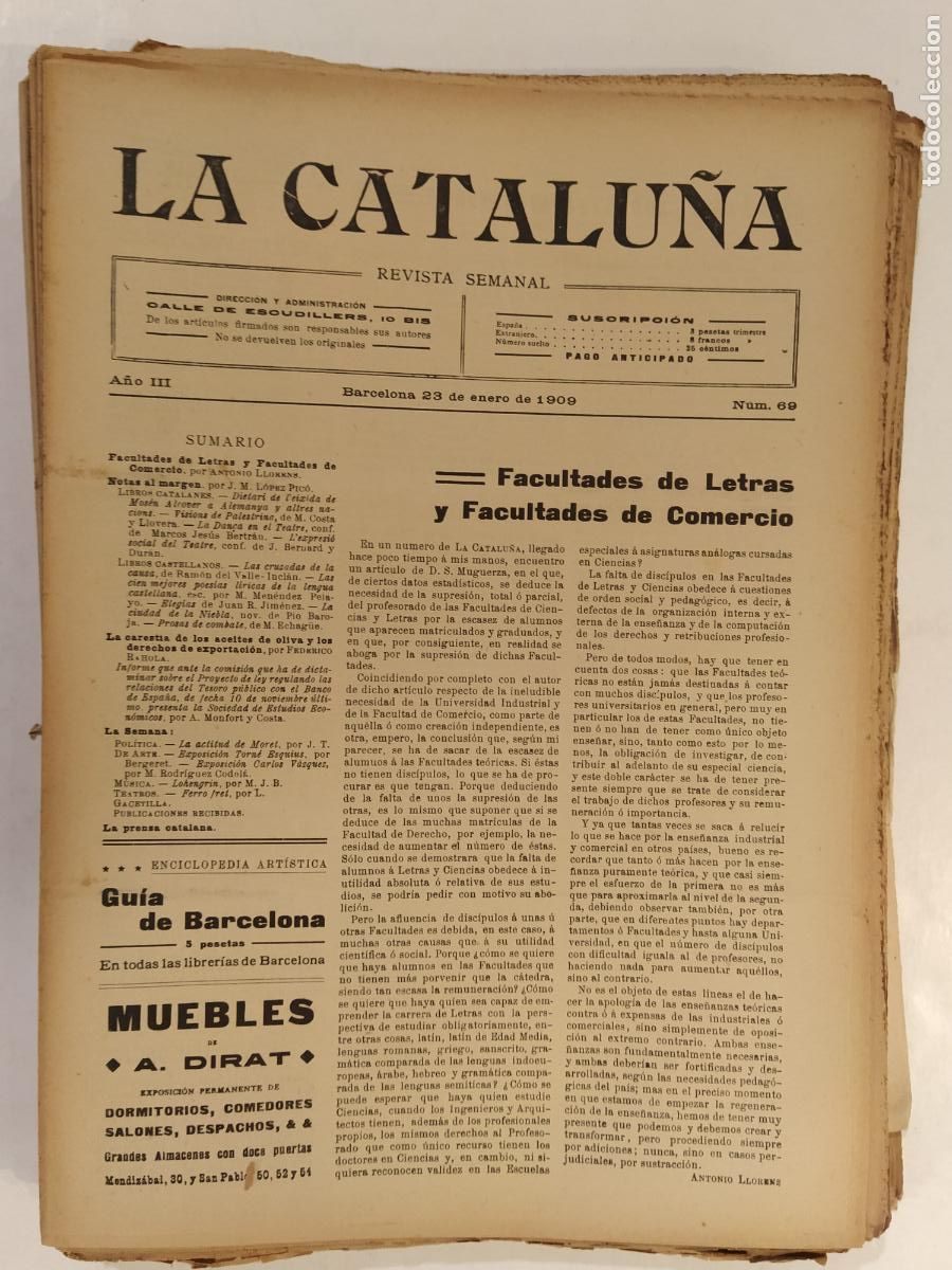 Collezionismo di Riviste e Giornali: CATALUNYA - LA CATALU&Ntilde;A , REVISTA SEMANAL - NUMERO 69 A&Ntilde;O 1909 - REVISTA ANTIGUA CATALANA